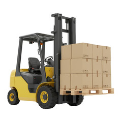 Forklift elevating stack of cardboard containers against a transparent panorama, industrial
