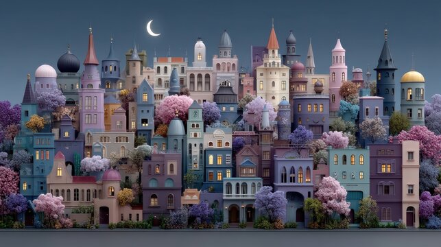 Colorful Fantasy Cityscape with Trees and Moon in Night Sky - Powered by Adobe