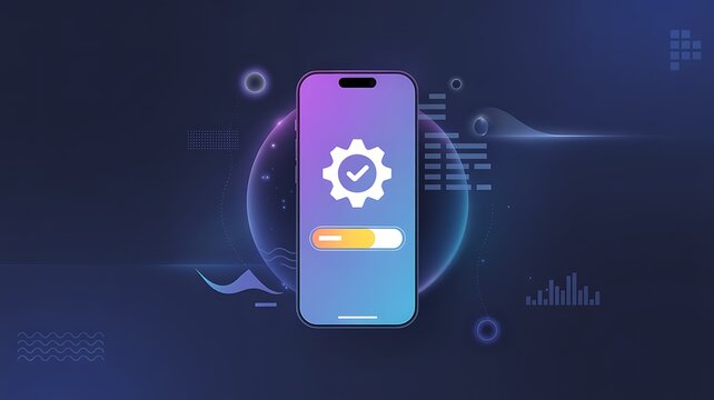 Smartphone displaying settings icon and progress bar with abstract futuristic elements on a dark background. Futuristic Digital Technology Background .Artificial Intelligence Data Flow Background.