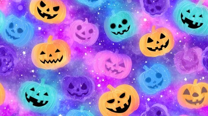 Obraz premium Colorful Halloween Pumpkin Pattern on Cosmic Background