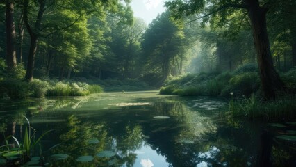 Serene forest pond at dawn