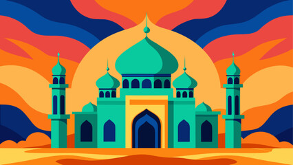 Vibrant geometric mosque with abstract sunset background