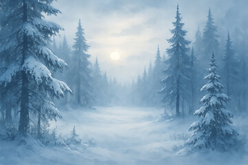 Fototapeta premium Peaceful Winter Forest Covered in Snow with Morning Sunlight Glow