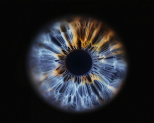 Stunning macro view of a vibrant human iris showcasing intricate details and unique blue and amber patterns