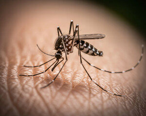 Macro closeup of a disease-carrying mosquito about to bite human skin, highlighting health risks and pest control needs.