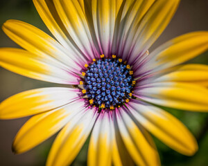 Vibrant yellow and white daisy petal macro with striking blue center, perfect for botanical art