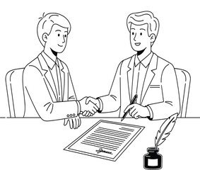Business Handshake and Contract Line Art Vector: Agreement, Deal Signing, Partnership, and Meeting Outline Illustration