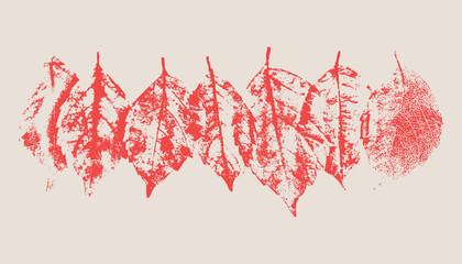 Decorative border of red leaf prints in a stamp style. A horizontal row of various textured leaf imprints, suitable for autumn nature crafts, eco-friendly branding, or seasonal stationery design