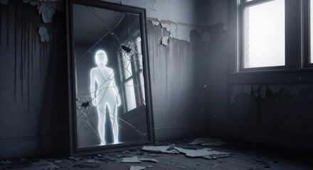 Glowing ghost figure in a broken mirror in a dark, abandoned room with peeling paint and a window. Paranormal and horror scene for Halloween.
