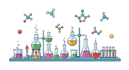 Colorful chemistry laboratory scene with glassware molecules and vibrant liquids science education
