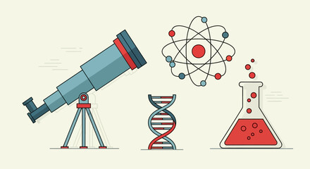Scientific exploration toolkit: telescope, dna, atom, and erlenmeyer flask illustration