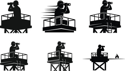 Silhouette of forest lookout rangers on observation towers using binoculars, watching for fire, wildlife or danger, safety surveillance concept