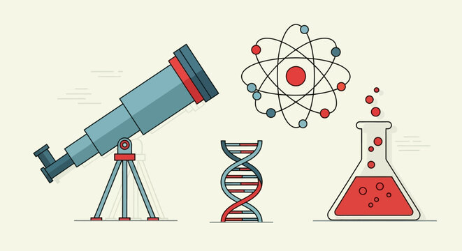 Scientific exploration toolkit: telescope, dna, atom, and erlenmeyer flask illustration