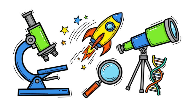 Colorful cartoon science tools symbolizing discovery research and exploration for learning resources