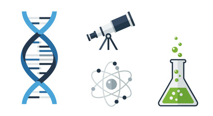 Scientific exploration icons showcasing dna, telescope, atom model and chemical flask symbols