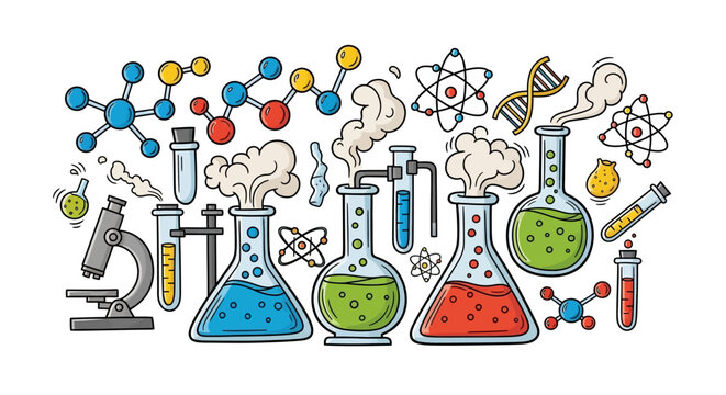 Cartoon laboratory equipment and molecular structures symbolizing scientific experiments and