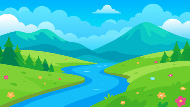 Vibrant cartoon landscape with rolling green hills and a winding blue river