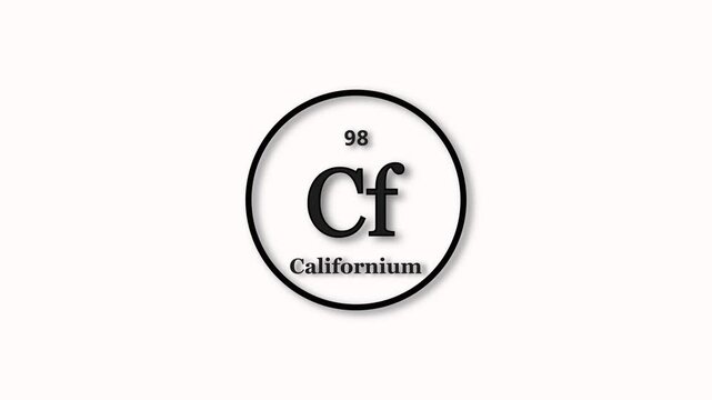 Californium element icon animation. Atomic number 98, short symbol Cf, on white background 4k video.