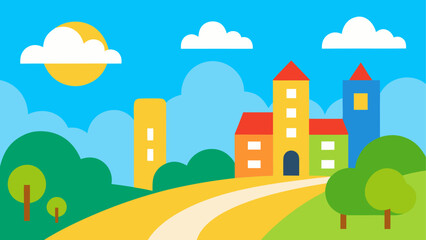 Colorful cartoon landscape with buildings trees sun and clouds