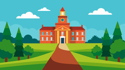 Naklejka premium Flat design illustration of a classic university building with a clock tower and trees