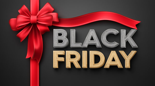 Black Friday Christmas logo with a red bow on a black background. Modern holiday sale banner.