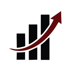 Black Bar Graph With Red Arrow Showing Upward Trend On White Background chart statistics