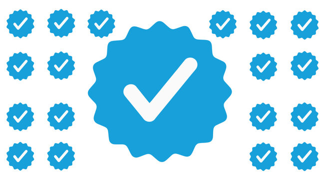 Blue verified badge with checkmark surrounded by smaller verified badges white