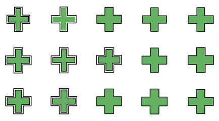 Obraz premium Grid of green plus signs with black and white outlines on white background symbol medical