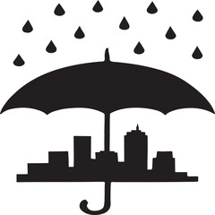 Black and white silhouette artwork depicting an umbrella sheltering a city skyline from falling raindrops. This conceptual illustration symbolizes protection, safety, and resilience in an urban enviro