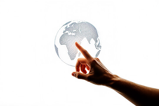 Human finger touching a digital fingerprint scan on a white background representing biometric security and identity verification