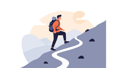 Adventurous Hiker Ascending Mountain Path Under Clear Skies Reaching For The Summit