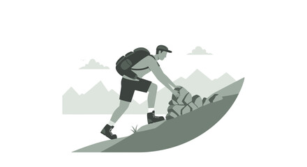 Adventurous Hiker Ascending Rocky Terrain Depicted in Black And White Minimalist Illustration