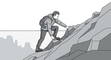 Adventurous Hiker Ascending Rocky Terrain Depicting Challenge and Determination