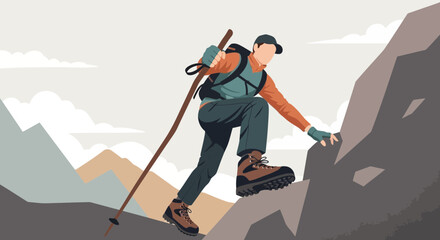 Adventurous Hiker Ascending Rocky Terrain Depicts Exploration And Overcoming Obstacles