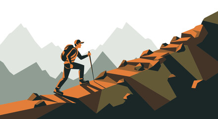 Adventurous Hiker Ascending Rocky Terrain During A Challenging Mountain Climb