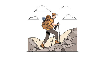 Adventurous Hiker Ascending Rocky Terrain towards Cloudy Skies Achieving Goals