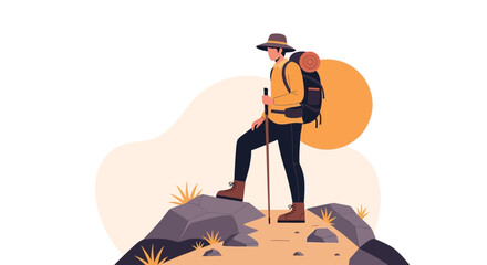 Adventurous Hiker Ascending Rocky Terrain In Minimalist Flat Illustration Style