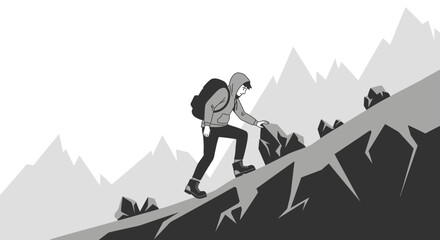 Adventurous Hiker Ascending Rocky Terrain towards Mountains Overlooking The Valley.