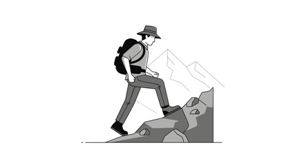 Adventurous Hiker Ascending Rocky Terrain towards Mountains Peaks During Daytime