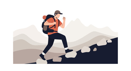 Adventurous Hiker Ascending Rocky Terrain towards Mountains With Backpack Illustration