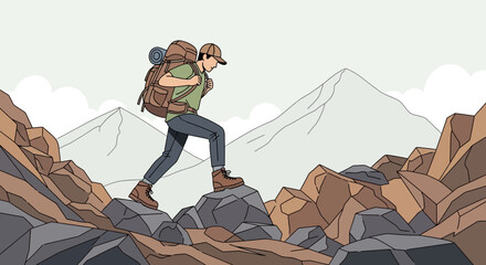 Adventurous Hiker Ascending Rocky Terrain Towards Mountain Peaks in Vibrant Illustration