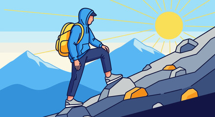 Adventurous Hiker Ascending Rocky Terrain Under Bright Sunlight Reaching New Heights
