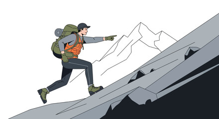 Adventurous Hiker Ascends Mountain, Pointing the Way Towards the Summit's Promise