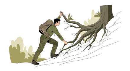 Adventurous Hiker Ascends Hillside with Assistance of Tree Roots During His Journey