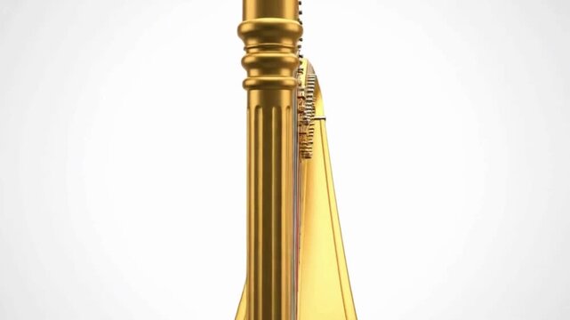 An elegant golden harp with detailed strings and an ornate frame, rotating 360 degrees on a seamless white background. Soft lighting and realistic reflections highlight its artistic craftsmanship.