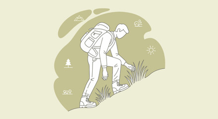 Naklejka premium Adventurous Hiker Ascending a Grassy Hill with Backpack Representing Exploration