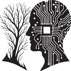 Black and white silhouette artwork featuring a human head filled with circuit board patterns alongside a leafless tree. The juxtaposition of technological and organic elements symbolizes the intersect