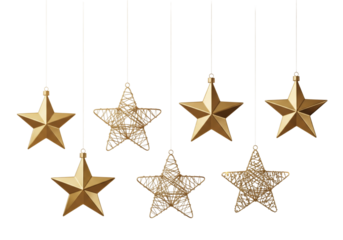 Gold star christmas decoration hanging isolated on white or transparent background
