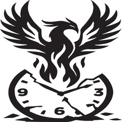 Black and white silhouette artwork depicting a phoenix ascending from flames above a shattered clock face. The dynamic composition symbolizes rebirth, transformation, and liberation from the constrain
