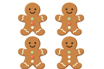 Smiling gingerbread men cookies decorated with icing and candy buttons on a white background